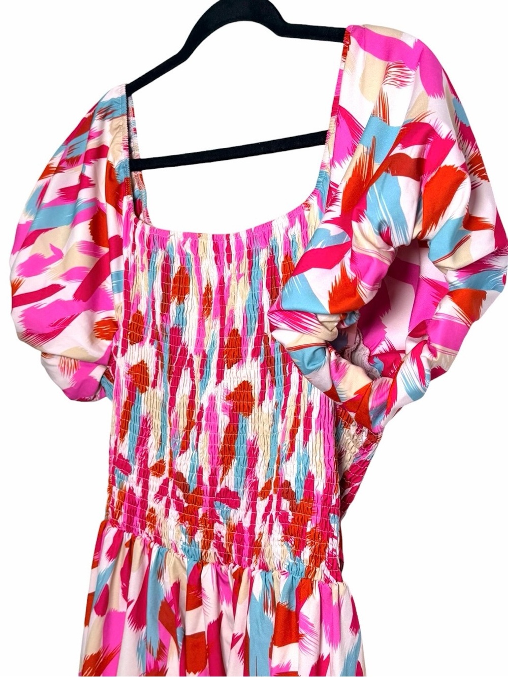 Abstract Brushstroke Smocked Puff Sleeve Tiered Maxi Dress XL Resort - Picture 5 of 9